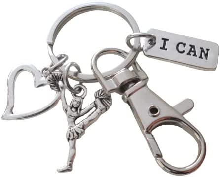 Cheerleader Charm Keychain with Heart & I Can Charm and Swivel Clasp Hook, Cheerleading Keychain