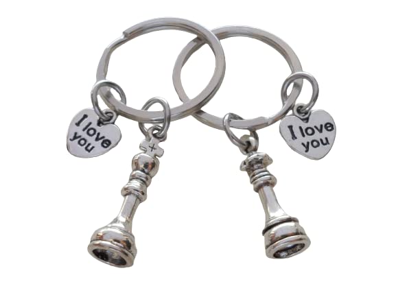 Small Chess Piece Charm Keychains with I Love You Heart Charms, King and Queen Set - Couples Keychain Set