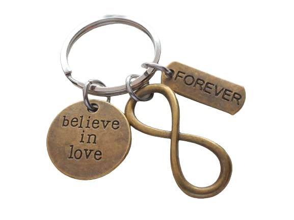 Bronze Infinity Charm Keychain with Forever Tag and Believe in Love Disc Charm; Anniversary Couples Keychain