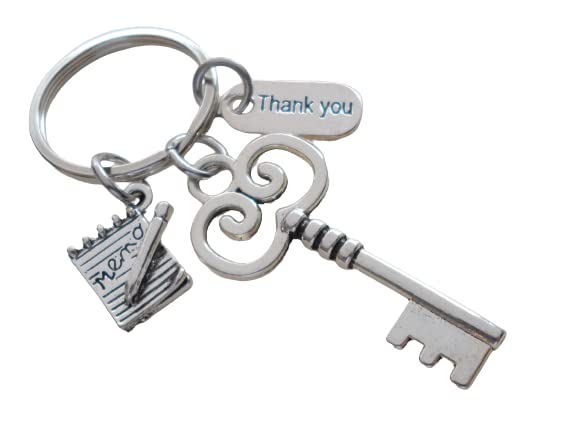 Key & Memo Pad Charm Keychain with Thank You Charm, Secretary, Office Staff, & Receptionist Gift Keychain