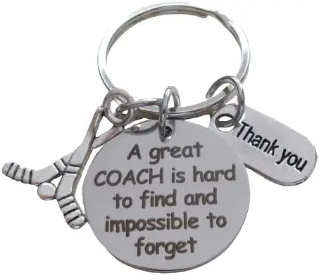 Coach Appreciation Keychain with "A Great Coach is Hard to Find and Impossible to Forget" Disc Charm (With Hockey Sticks Charm)