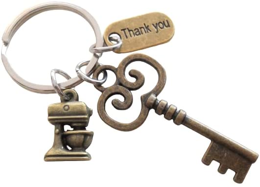 Bronze Key & Mixer Charm Keychain, Baker's Keychain, Bakery Employee Appreciation, School Lunch Staff Thank You Keychain