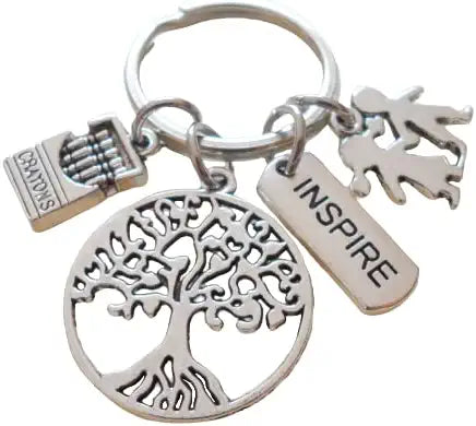 Tree Keychain with Crayons, Kids & Inspire Tag Charm, Teacher Appreciation - Thanks for Helping Me Grow