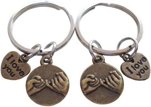 Double Keychain Set, Bronze Pinky Promise & I Love You Heart Charm Keychains, Best Friend or Couples Keychains