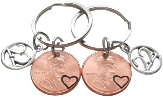 Double Keychain Set, 2000 Penny Keychains with Heart Around the Year, and with Number 22 Charms; 22 Year Anniversary
