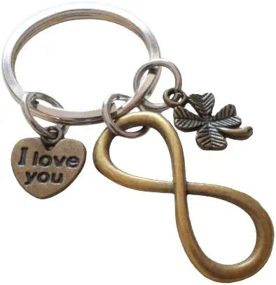 Bronze Infinity Charm Keychain with an I Love You Heart & Clover Charm, Couples Keychain