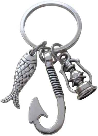 Fishing Keychain with Fish Hook, Lantern & Fish Charm - Thanks for All the Great Adventures