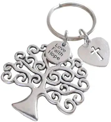 Tree Keychain with Heart Tag with a Cross & Small Love Faith Hope Disc Charm, Religious Keychain