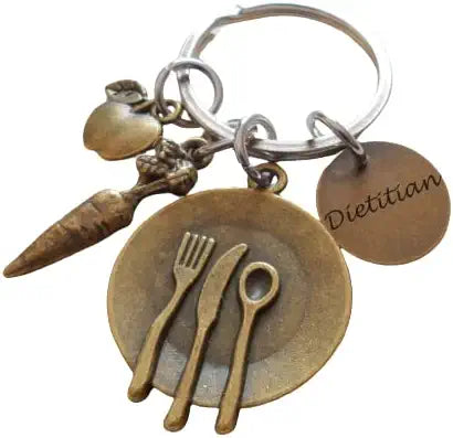 Dietitian Keychain with Apple, Carrot, & Plate Charm, Nutritionist Keychain