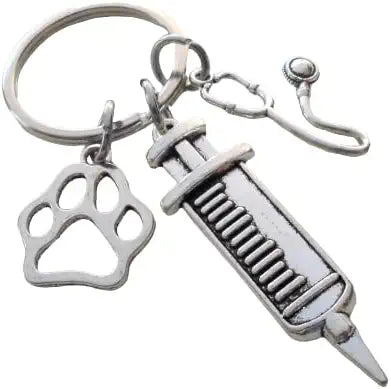 Veterinarian Appreciation Keychain, Veterinary Hospital Staff Gift, Pet & Animal Care Medical Professional; Paw Print, Syringe & Stethoscope Charm Keychain