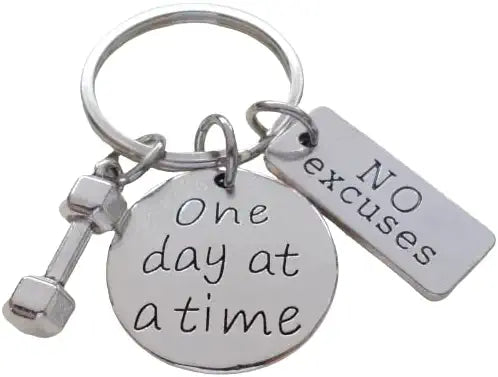 "One Day At A Time" & "No Excuses" Fitness Encouragement Keychain with Weight Charm, Health Keychain