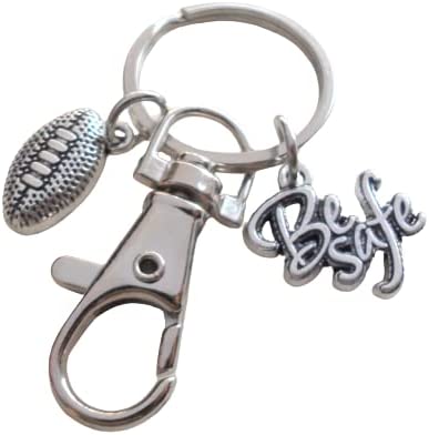 Football Player Keychain with Be Safe Charm and Swivel Clasp Hook, American Football Player or Coach Keychain