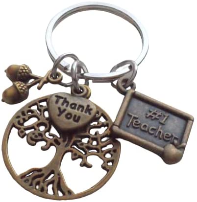 Teacher Keychain, #1 Teacher Charm, Bronze Tree, Thank You & Seeds Charm - Teachers Plant Seeds That Grow Forever