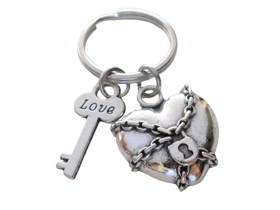 Heart with Chains & Lock Charm Keychain with Love Key Charm; Couples Keychain