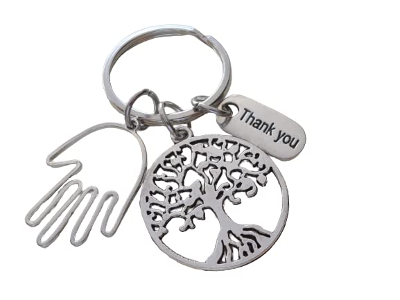 Tree Charm Keychain with Hand Charm, and Thank You Charm, Teacher, Employee, or Volunteer Appreciation Keychain