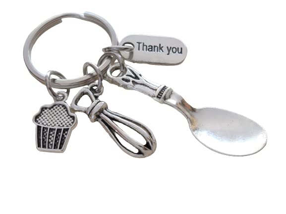 Baker's Keychain, Spoon Charm, Muffin, Whisk Charm, and Thank You Charm, Bakery Employee or School Lunch Staff Appreciation Keychain