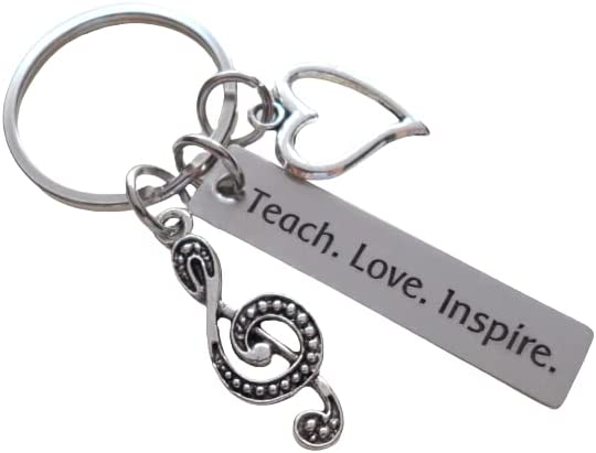 Music Teacher Keychain, Treble Clef Charm, Heart Charm & Engraved Tag "Teach. Love. Inspire."