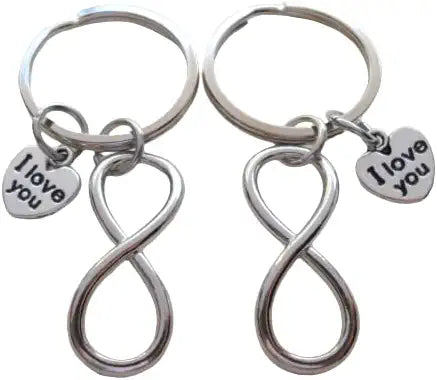 Double Infinity Charm Keychains with I Love You Heart Charms; Couple Keychains, Best Friends Keychains