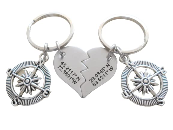 Custom Engraved Coordinates Connecting Keychain Set with Compass Charms, Steel Tags, Anniversary Gift Keychains, Long Distance Relationship GPS Keychains