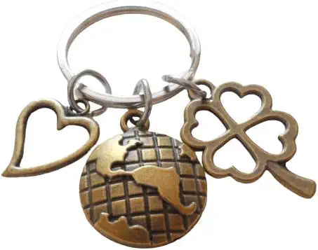 Bronze World Globe Charm Keychain with Heart & Clover Charm, Couples Keychain, or Volunteer Community Service Keychain