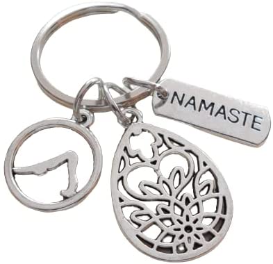 Yoga Keychain, Namaste Tag Charm, Teardrop Lotus Flower Charm, and Downward Dog Pose Charm