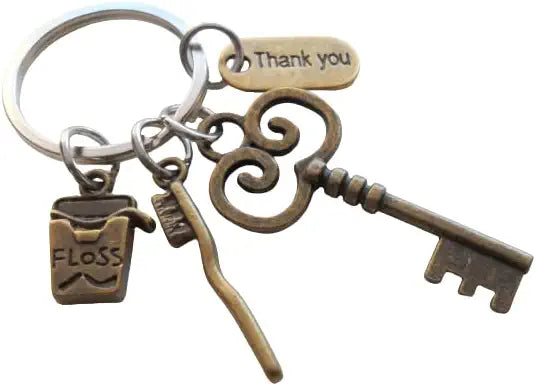 Dental Assistant, Dental Office Staff, Orthodontics Employee Thank You Keychain; Bronze Toothbrush, Floss & Key Charm Keychain