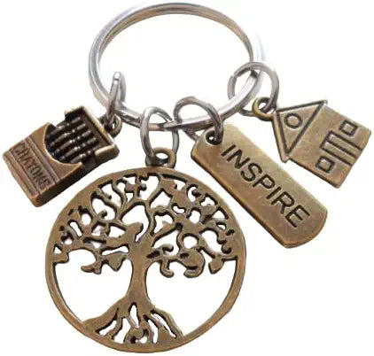 Bronze Tree Keychain with Crayons, School House & Inspire Tag Charm, Teacher Appreciation - Thanks for Helping Me Grow