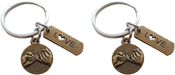 Double Keychain Set, Bronze Pinky Promise & Love Tag Charm Keychains, Best Friend or Couples Keychains