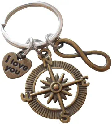 Bronze Compass Charm Keychain with Infinity & I Love You Heart Charm - I'd Be Lost Without You; Couples Keychain