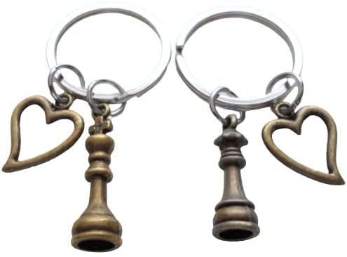 Bronze Chess Piece Charm Keychains with Heart Charms, King and Queen Set - Couples Keychain Set