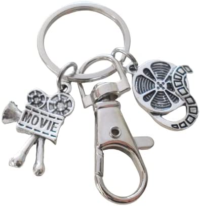 Movie Charm Keychain with Camera & Film Reel Charm and Swivel Clasp Hook, Director, Videographer, or Actor Keychain