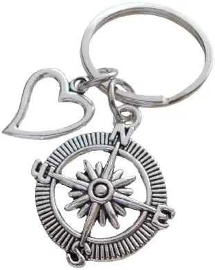 Compass Keychain with Heart Charm - I'd Be Lost Without You; Couples Keychain