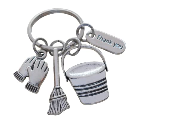 Housekeeping Appreciation Gift Keychain; Bucket, Broom, Work Gloves, Thank You Charm Keychain