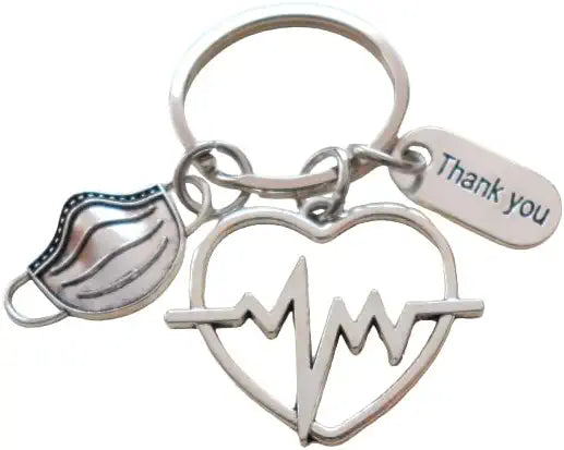 Heartbeat Medical Charm Keychain with Mask Charm, Doctor Office or Hospital Staff Thank you Keychain