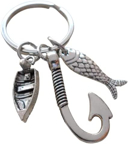 Fishing Keychain with Fish Hook, Boat & Fish Charm - Thanks for Teaching Me the Lessons of Life