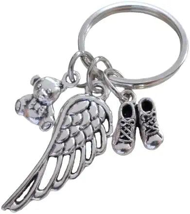 Wing Charm Keychain with Teddy Bear & Little Baby Shoes Charm, Baby Loss Memorial Keychain