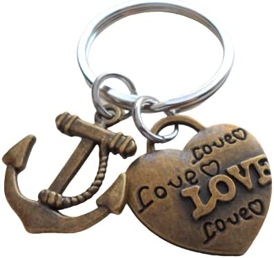 Bronze Anchor Keychain with Love Heart Charm - You're the Anchor in my Life; Couples Keychain