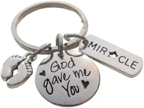 New Baby Arrival Keychain with "God Gave Me You" Disc Charm, Baby Feet Charm, & Miracle Tag Charm