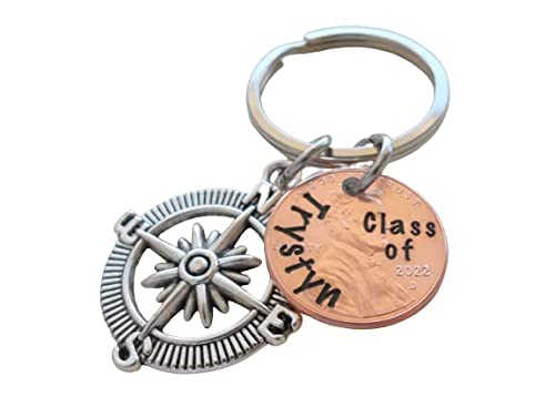 Custom Engraved Graduation Penny Keychain with Compass Charm, Class of 2024 Personalized Graduate Keychain, Gift for Graduate