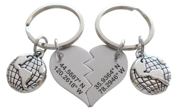 Custom Engraved Coordinates Connecting Keychain Set with Globe Charms, Steel Tags, Anniversary Gift Keychains, Long Distance Relationship GPS Keychains