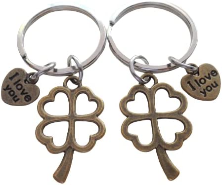 2 Keychains, Each with "I Love You" Heart Charm & Bronze Four Leaf Clover Charm - Lucky to Have You, Couples Keychains