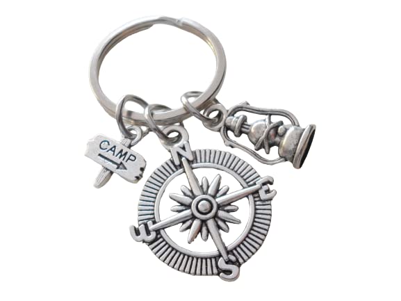 Camping Charm Keychain with Compass Charm, Lantern Charm & Camp Sign Charm