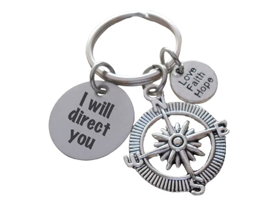 Compass Keychain with Love Faith Hope Circle Charm and I Will Direct You Circle Charm, Religious Keychain
