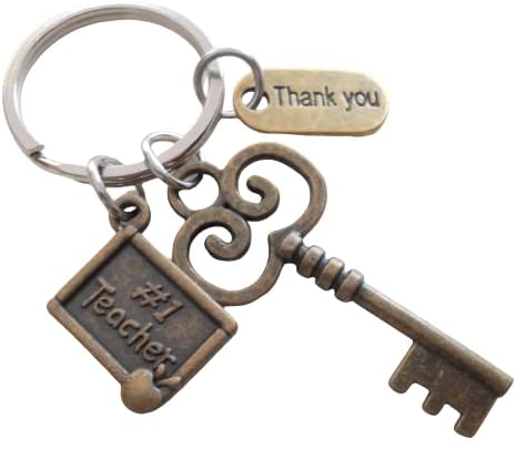 Bronze Key and #1 Teacher Charm Keychain with Thank You Charm, School Teacher Appreciation Keychain