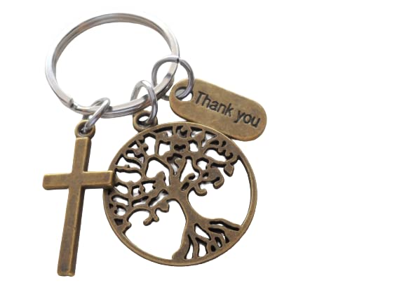 Bronze Tree, Cross, & Thank You Charm Keychain, Religious Teacher, Neighbor or Volunteer Keychain