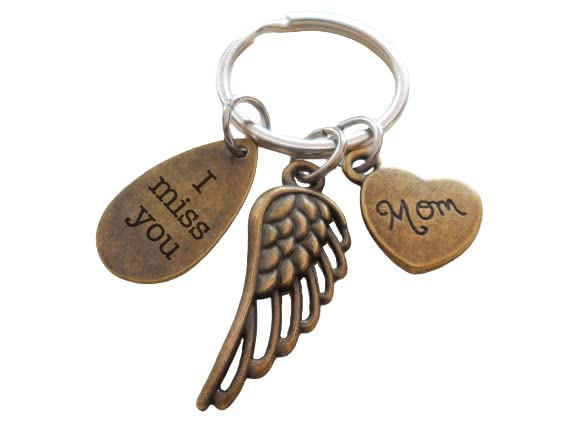 Mother Memorial Keychain, Bronze Wing Charm, Mom Heart Charm, & I Miss You Charm