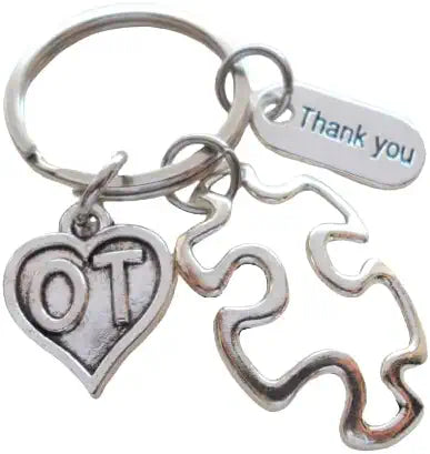 Occupational Therapist Keychain with Puzzle Charm, OT Heart, and Thank You Charm, OT Appreciation Gift