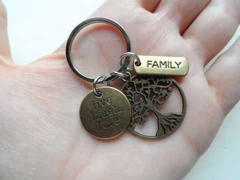 Bronze Family Tree Charm Keychain with Live Laugh Love Disc Charm, Family Reunion Gift