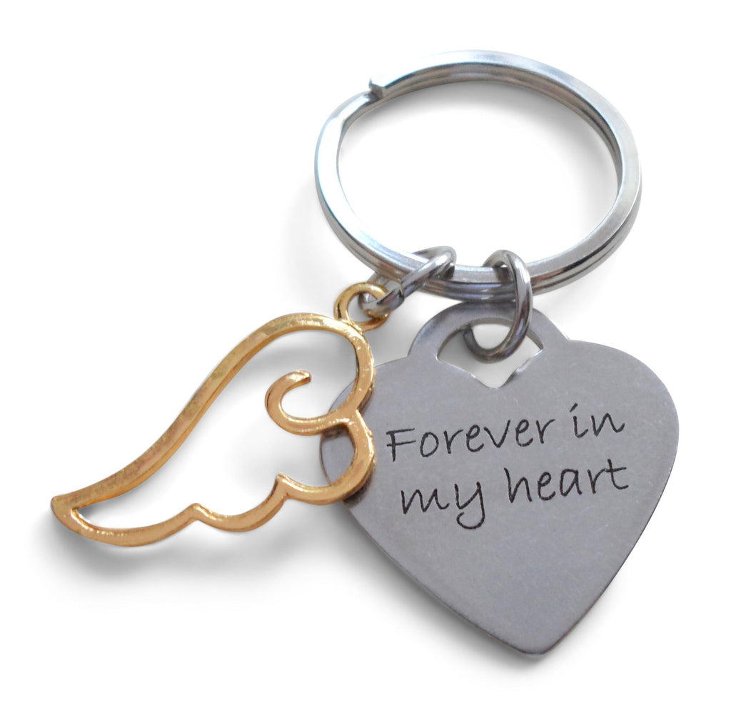 Heart Shaped Forever in My Heart Keychain with Golden Wing Charm, Passing Away Loss Memorial Keychain