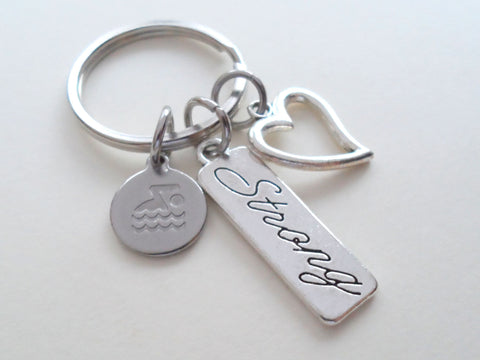 Swimmer Charm, Strong Tag, and Heart Charm Keychain, Swim Keychain, Swimming Fitness Encouragement Keychain